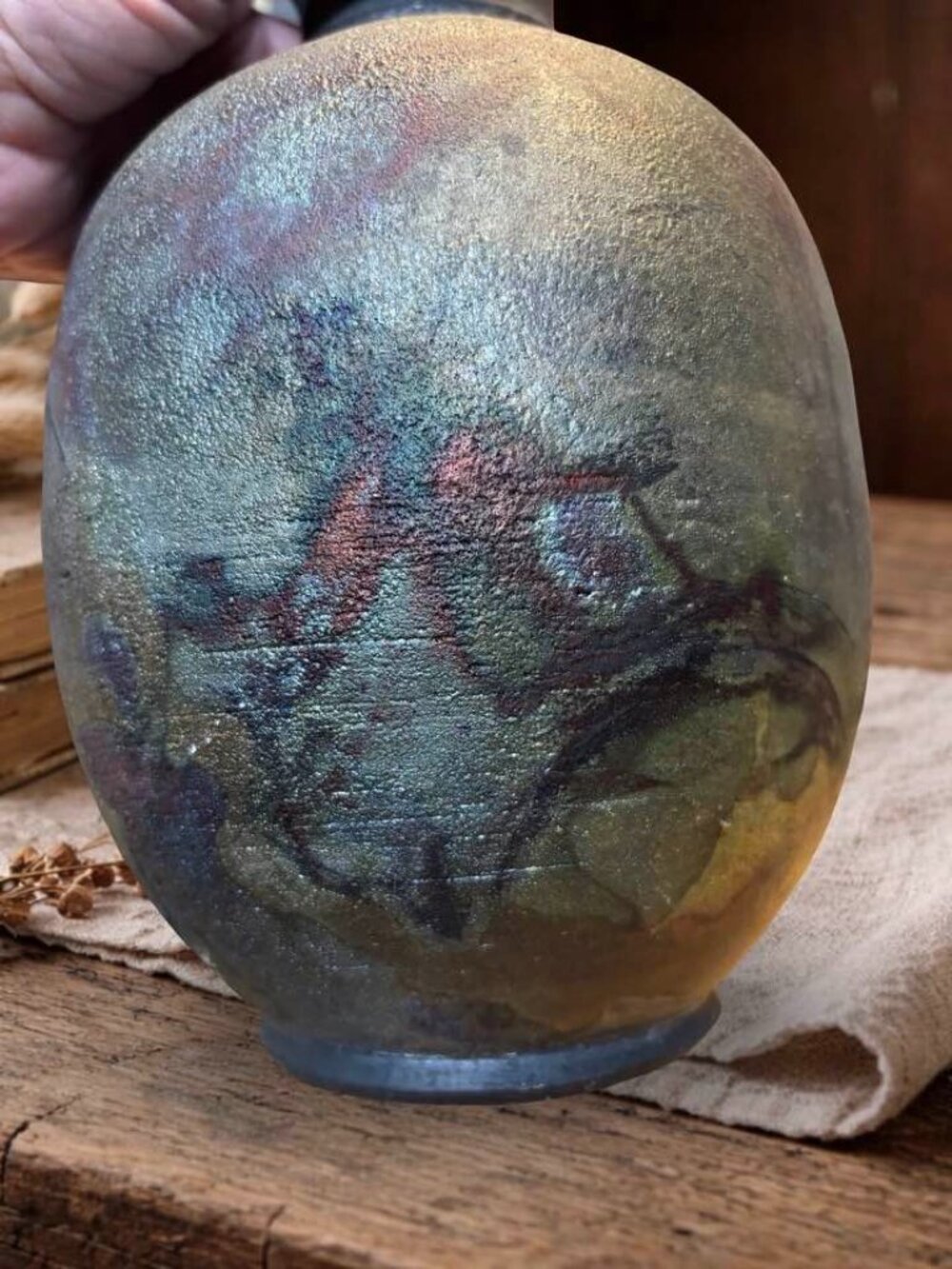Handcrafted Raku Pottery Vase With Multicolor Iridescent Finish Unique Wabi Sabi - Picture 9 of 13